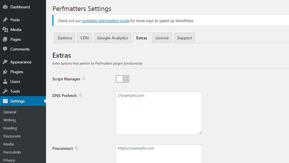 perfmatters dns prefetching settings