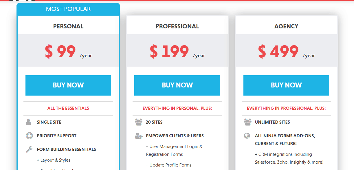 ninja forms pricing