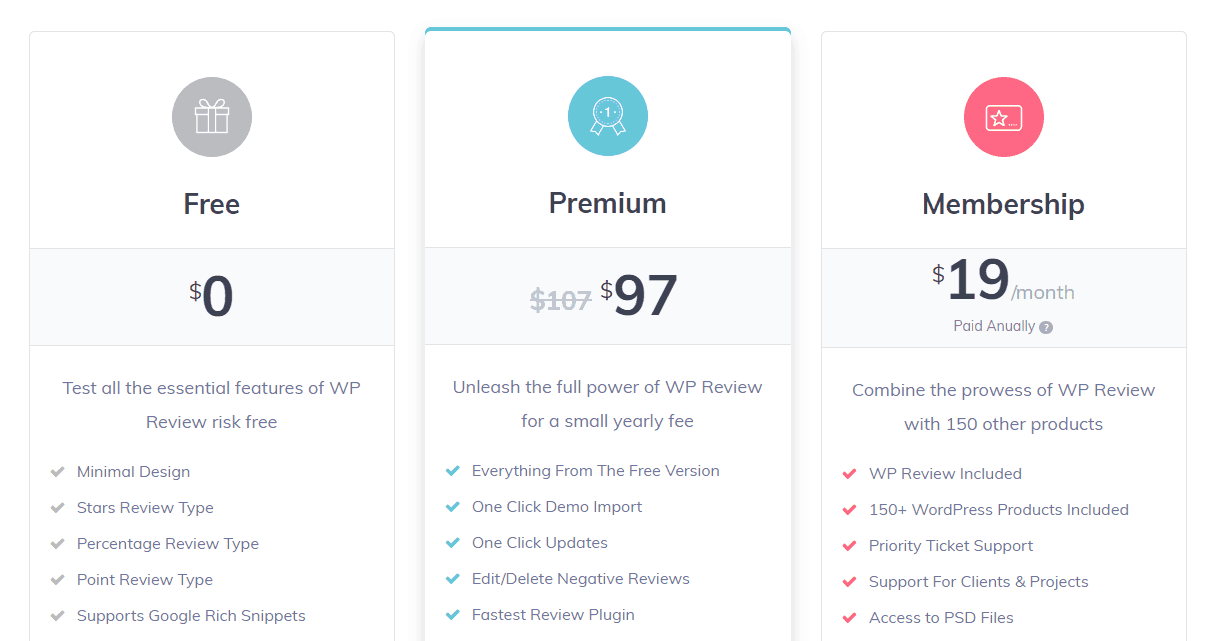 wp review pro pricing page