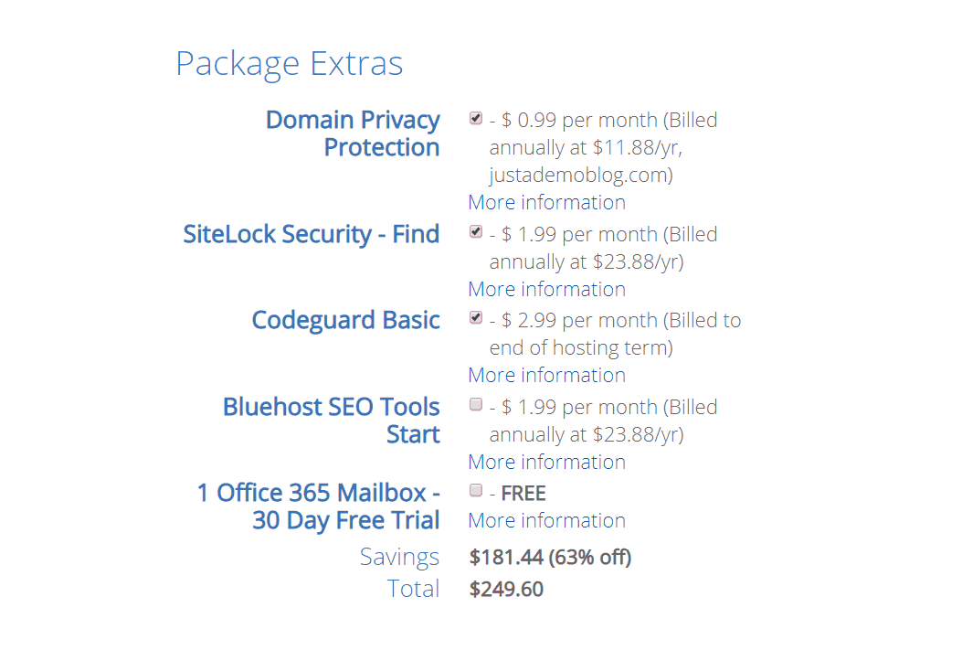 bluehost extra add-ons