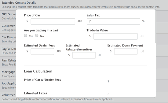 car payment form live preview