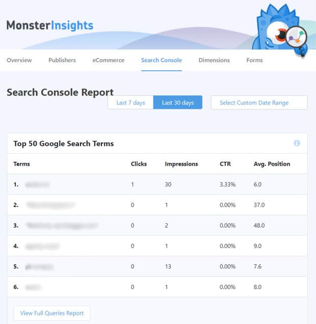 search console reports monsterinsights