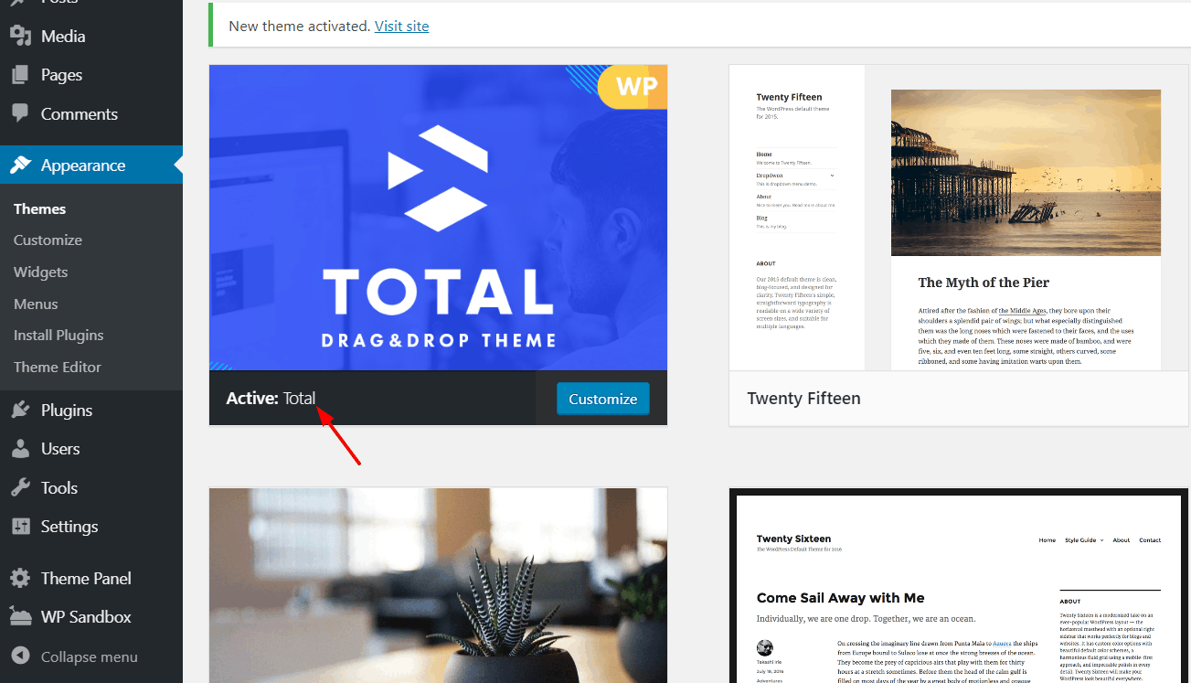 total wordpress theme activated