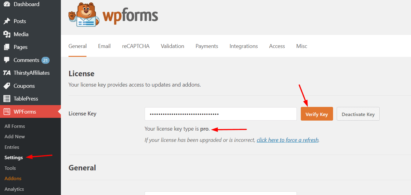 verify wpforms license key